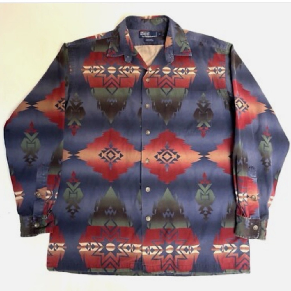 VINTAGE POLO BY RALPH LAUREN NAVAJO PATTERN BUTTON SOUTHWEST ASTEC SHIRT S